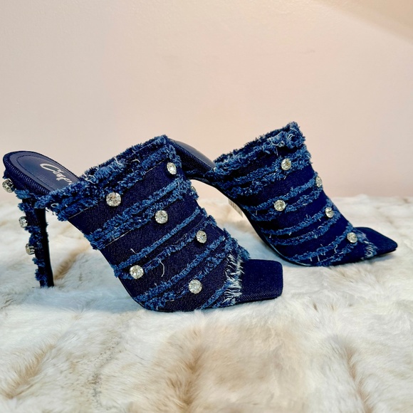 Cape Robbin Shoes - Cape Robbin Denim 4" Heels Frayed Denim Fabric Straps & Crystal Studs Mules